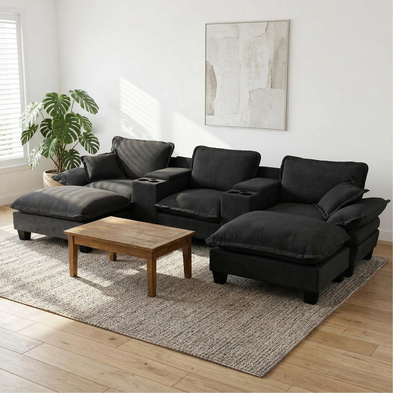 Canapé modulaire Cloud, canapé voilier en U avec porte-gobelets et rangement, port USB, 2 repose-pieds et 2 coussins, chenille pour appartement et salon, gris