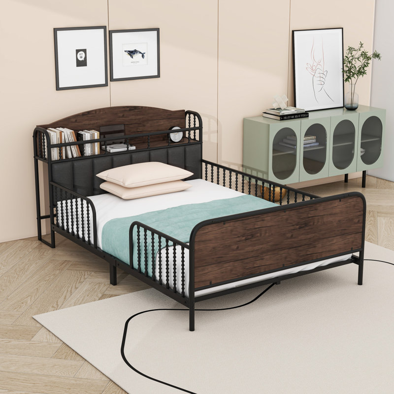 Platform Bed With Multicolor LED Strip, Safety Guardrails, And Storage Shelf, Black, Full