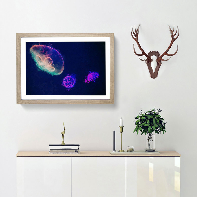Neon Jellyfish in Abstract - Framed Print, 27cm H x 36cm W x 2cm D, Oak Framed
