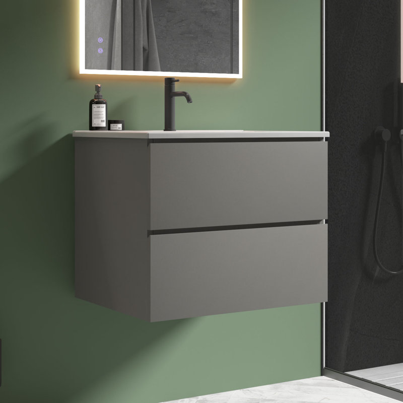 Meuble-lavabo simple 24 po avec comptoir en céramique avec trop-plein Kersha, pré-assemblé, Gris, 24", Trou simple