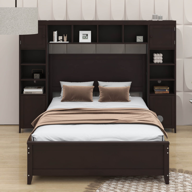 Lit double en bois avec armoire et tablette, Espresso
