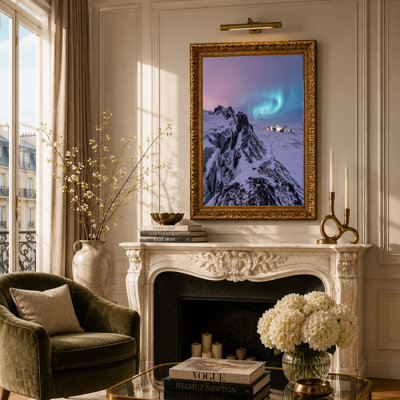 «Aurora Borealis Over Snowy Glaciers And Lit Arctic Station», art mural