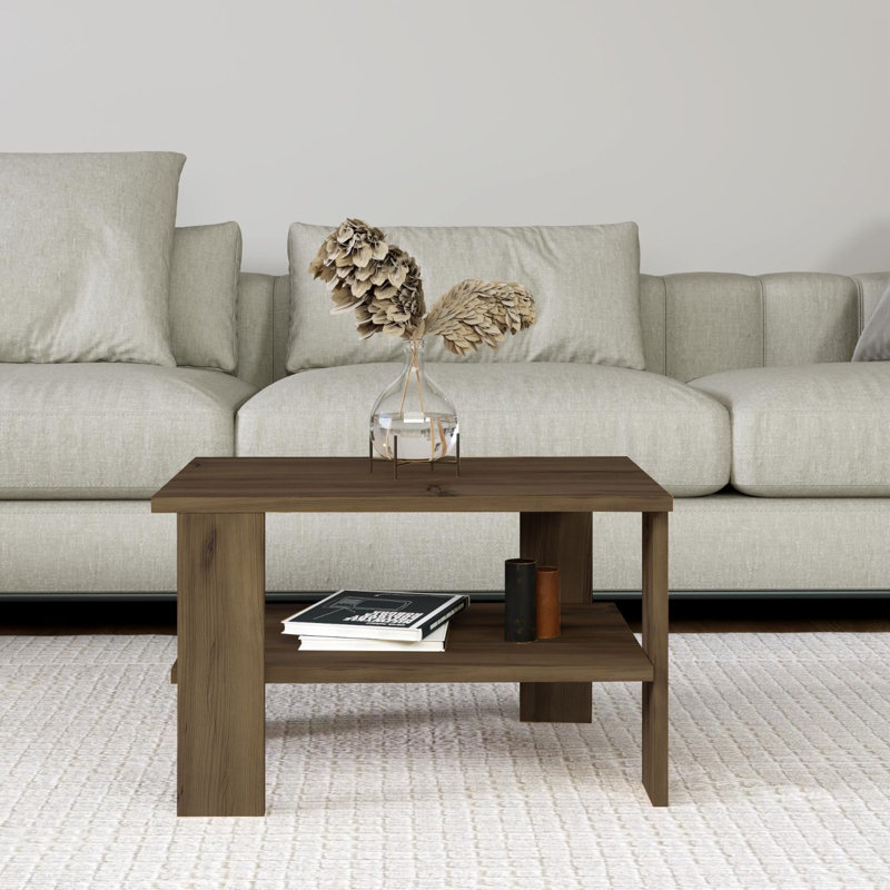 Rustic Coffee Table with Wall-Mount Option, Antique Walnut Finish, 23.6 x 14.6 x 14.6 inches | 100% Melamine Coated Particle Board, 0.71 inches Thick | Features Multiple Shelves, Stylish and Functional Design for Living Room