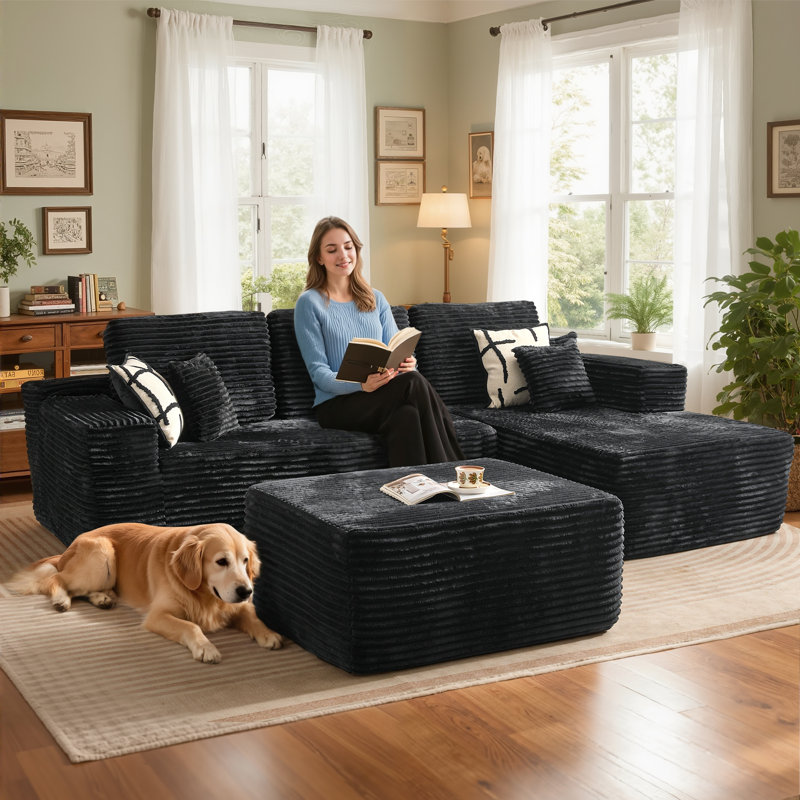 Boneless 3-piece No-assembly Modular Holifield Set With Ottoman - Deep Seat, Freely Combinable L-shaped Lounge Chair For Living Room & Bedroom