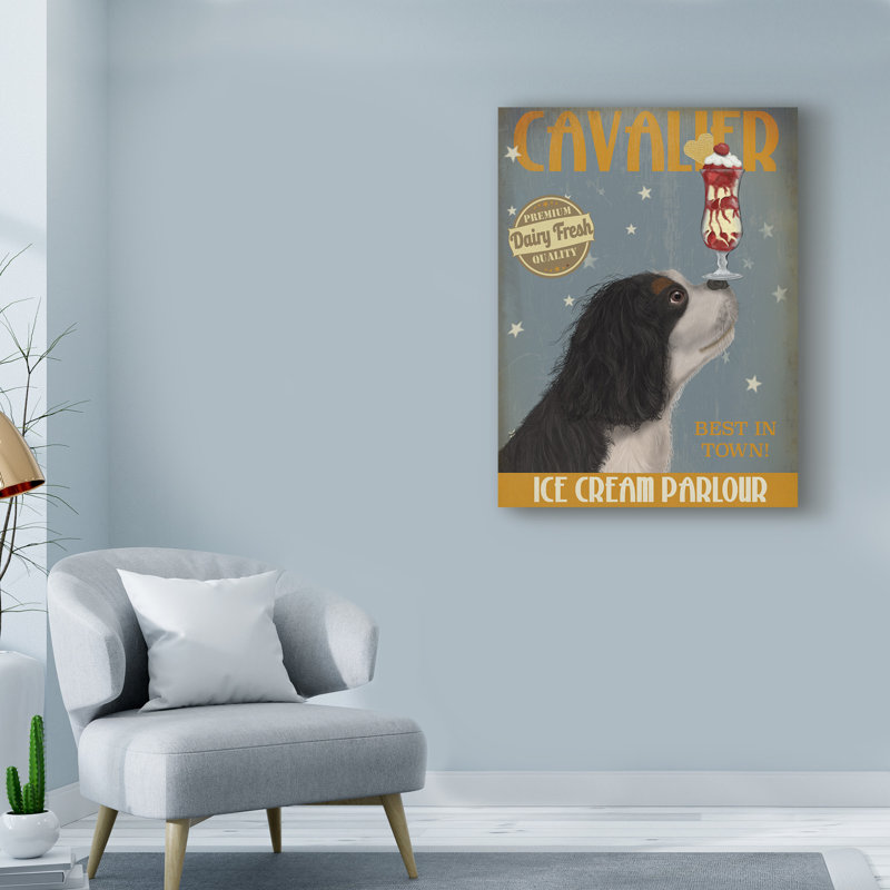 « cavalier king charles, noir white, ice crème », reproduction d’impression sur toile tendue, H 19 po x l 14 po x P 2 po