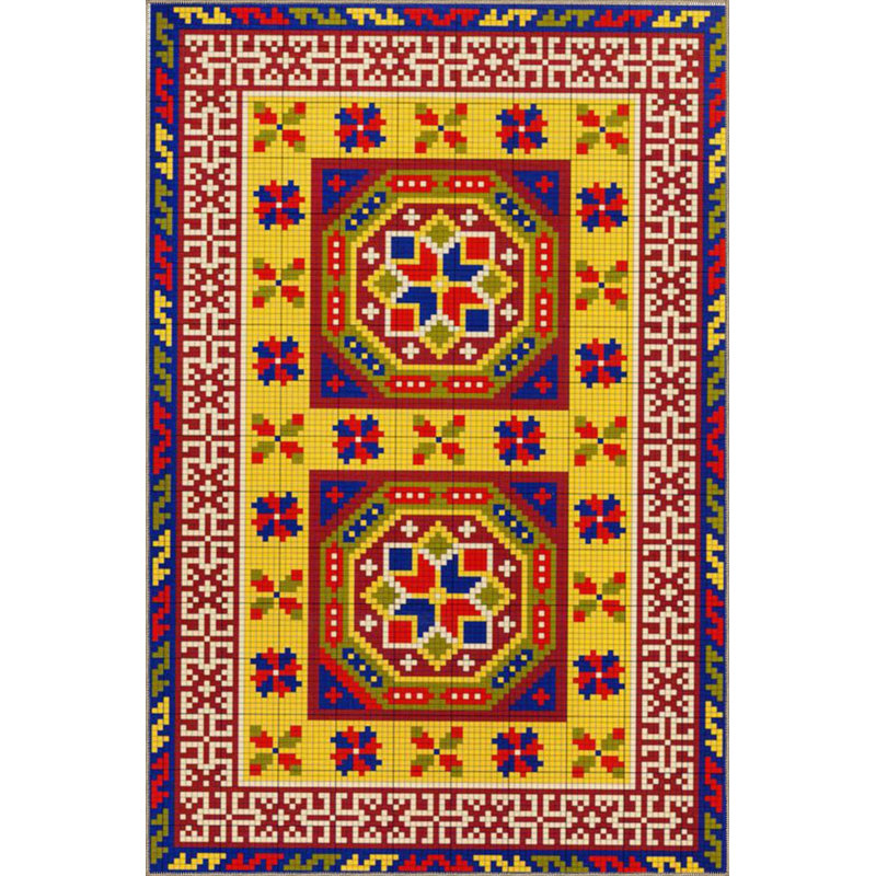 Tapis jaune tissé lavable à motif d'étoiles, Sous-tapis carré 3 pi 3 po inclus