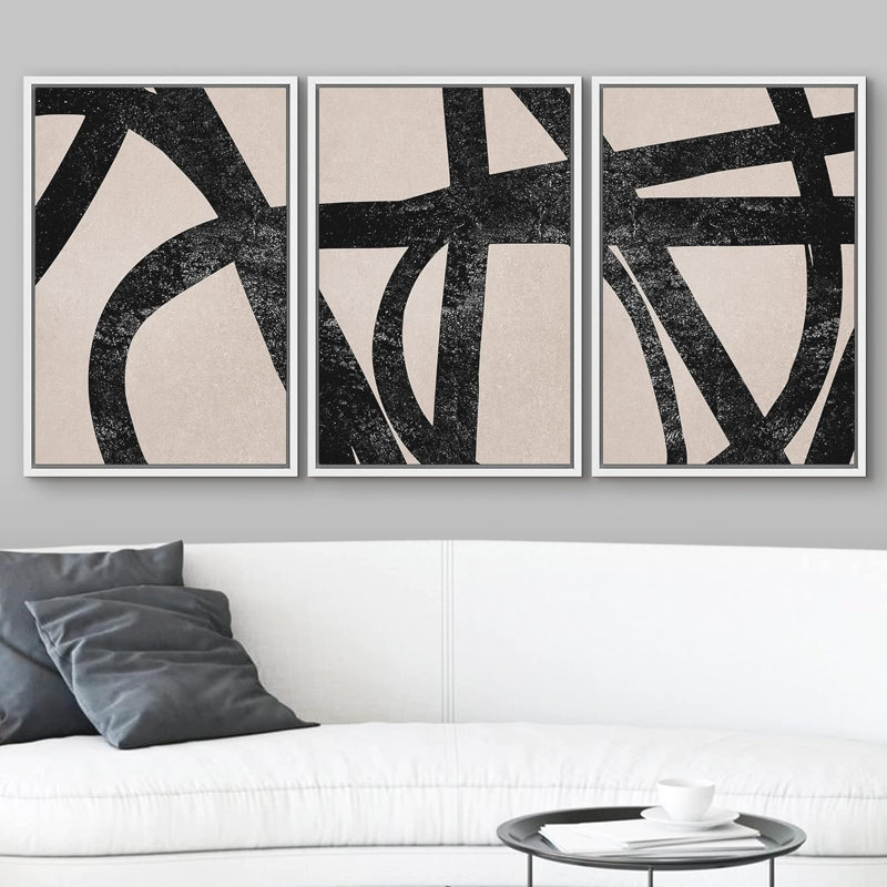 BAW Black Tan Stroke Collage Abstract Formes Minimalisme Decor Bohemian Relax / Zen 3 pièces, Cadre flottant blanc