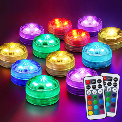 10pcs Mini RGB Submersible LED Lights with 2Pack Remote, Multicolor Waterproof Small Tealight Candles Battery Operated Underwater Color Changing EFX Light for Vase, Halloween Lantern Decor