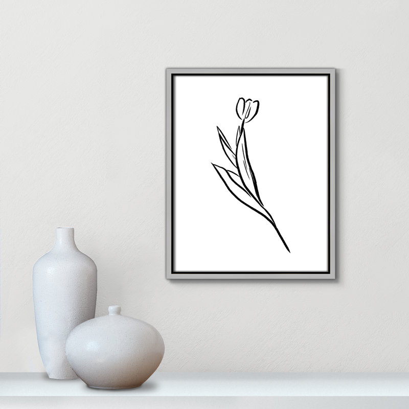 Fleurs simples 1 - reproduction de dessin, Toile avec cadre argenté, H 15,5 po x l 12,5 po x P 2 po