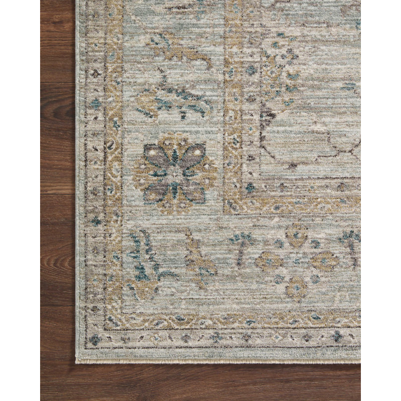 Sky & Gold Floral Washable Wool-Blend 3'6" x 5'6" Rectangular Rug