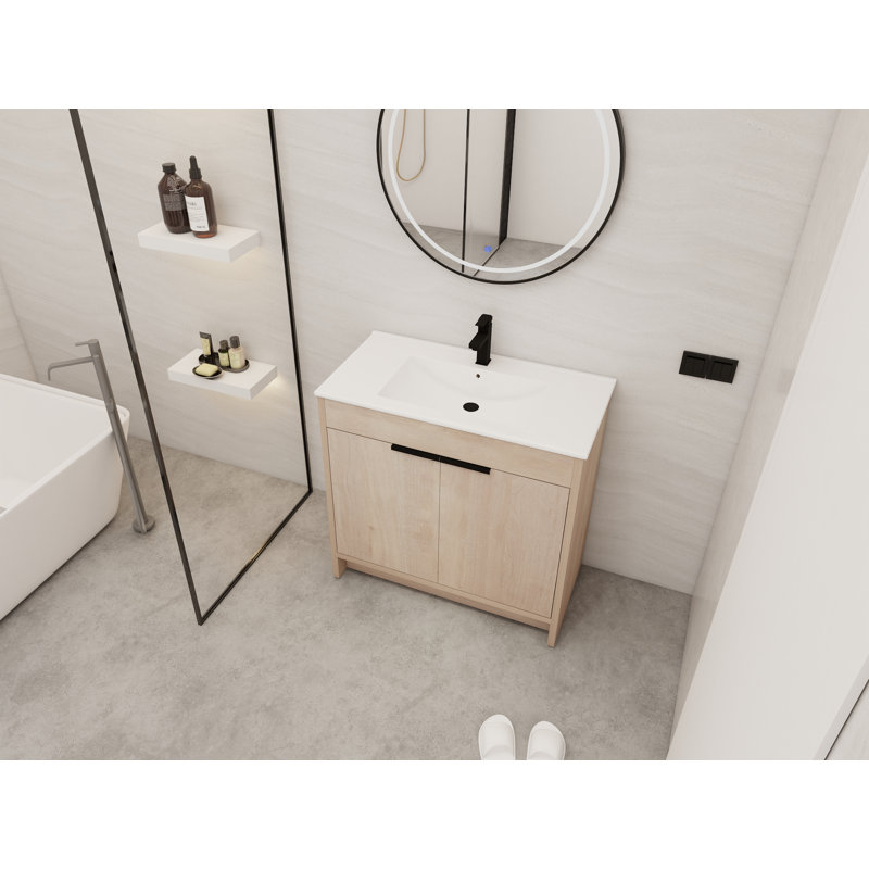 Meuble-lavabo sur pied simple 36 po avec comptoir en céramique Lailany, Chêne clair uni