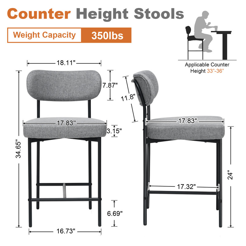 Tabourets de comptoir en tissu avec repose-pieds réglables, Gris, 2, Tabouret de comptoir (siège d'une hauteur de 24 p
