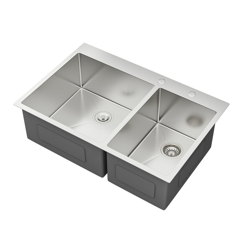 Évier de cuisine à double cuve 60/40 à montage sur plan en acier inoxydable encastré 33 po x 22 po x 10 po calibre 16 T304, tablier plat à l'avant, drainage en forme de X pour un écoulement rapide, espace de travail aux coins arrondis R10, revêtement