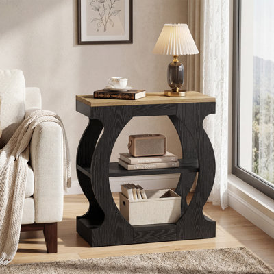 Table d'appoint moderne à 3 niveaux avec structure incurvée, table de bout étroite en bois pour le salon ou les petits espaces, chêne rustique et noir (2)