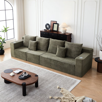 Canapé modulaire en velours côtelé 4 places, porte-gobelets intégrés, siège profond surdimensionné, sans assemblage, canapé de détente moderne pour la maison avec salon principal