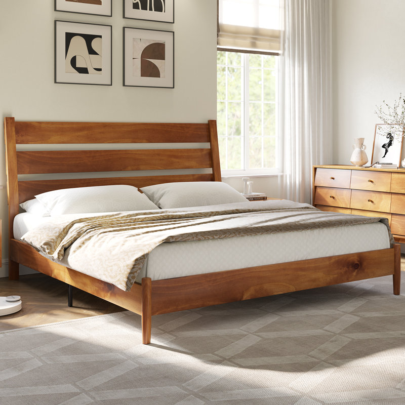 King Size Light Brown Pine Wood Bed Frame with Slatted Headboard