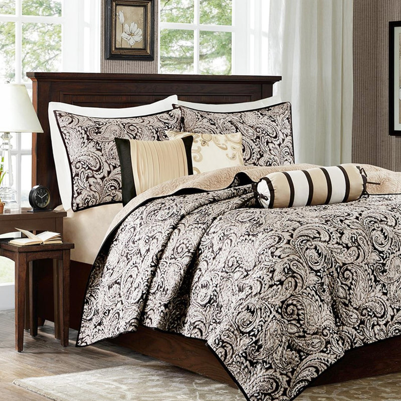 Courtepointe noir très grand / très grand avec coussins décoratifs - Revers en microfibre de tissu classique rembourré de coton pour une nuit de sommeil confortable