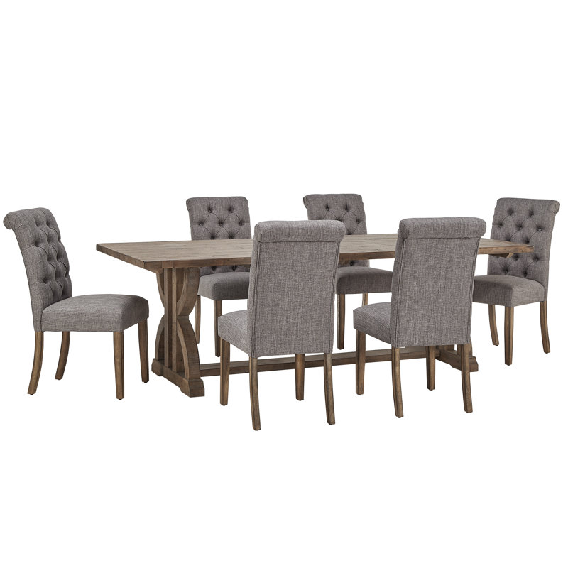 Aldrina 6 - Person Solid Wood Solid Wood Top Trestle Dining Set, Grey Linen