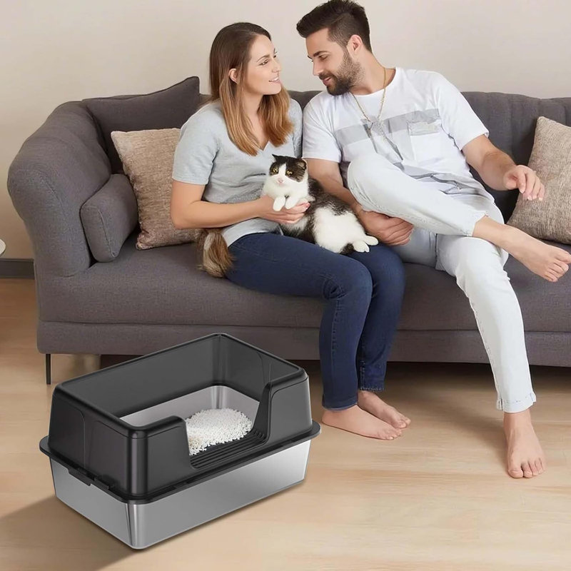 Stainless Steel Litter Box with Scoop, 27.9cm H x 35.1cm W x 50cm D, Black