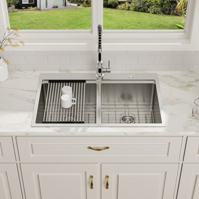 33"L x 22"W Drop-in Workstation Double Bowl Kitchen Sink 16 Gauge Stainless Steel Kitchen Sink