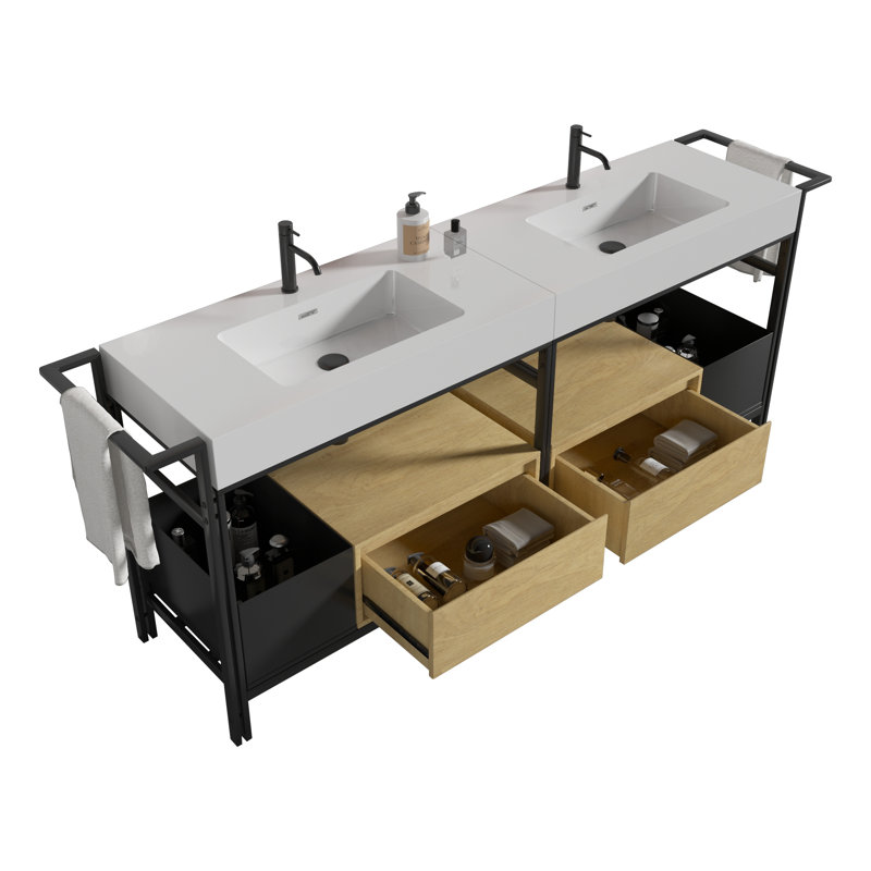 Meuble-lavabo 72 po avec lavabo en pierre artificielle, tiroirs et barre à serviettes ajustable Tharp, Blanc
