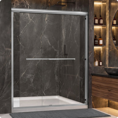 56" - 60" W X 72" H Double Sliding Framed Shower Door With Shower Glass And Two Towel Bar,Premium 1/4" (6mm) Thick Tempered Glass,Sliver