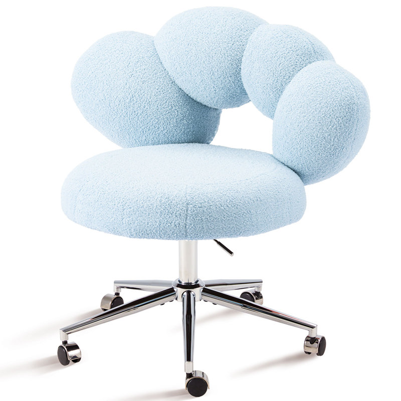 Armless Desk Chair Teddy Fabric Vanity Chair With Wheel, Blue