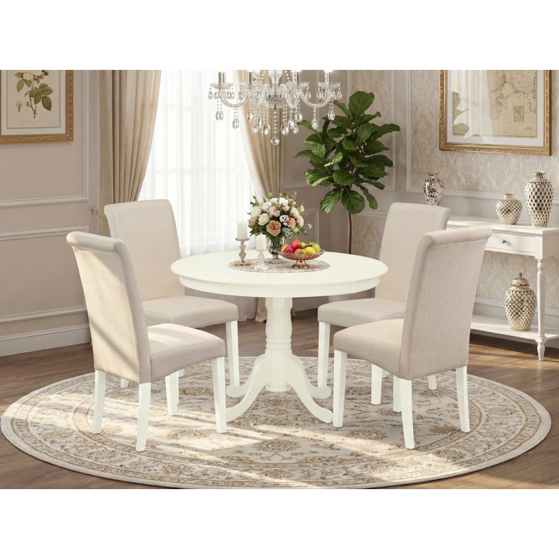 5 Piece Dining Table Set for 4 Includes a Round Kitchen Table with Pedestal and 4 Cream Linen Fabric Parson Dining Room Chairs, 42x42 Inch, Linen White