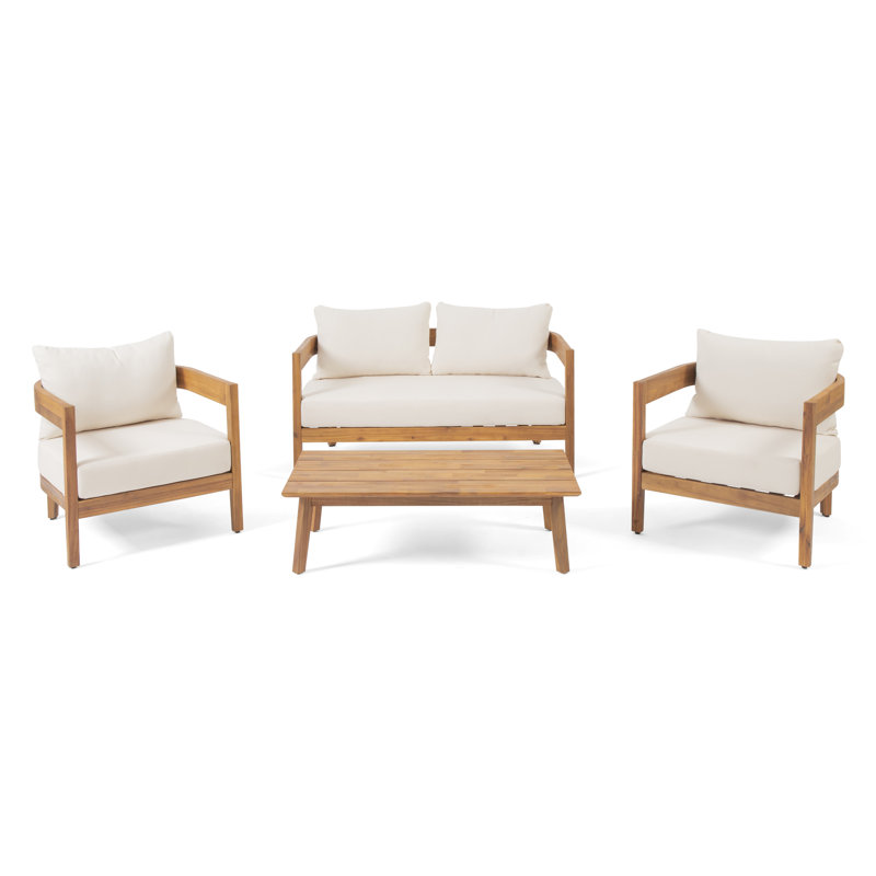 Teak Wood Outdoor 4-Piece Patio Set with Beige Cushions