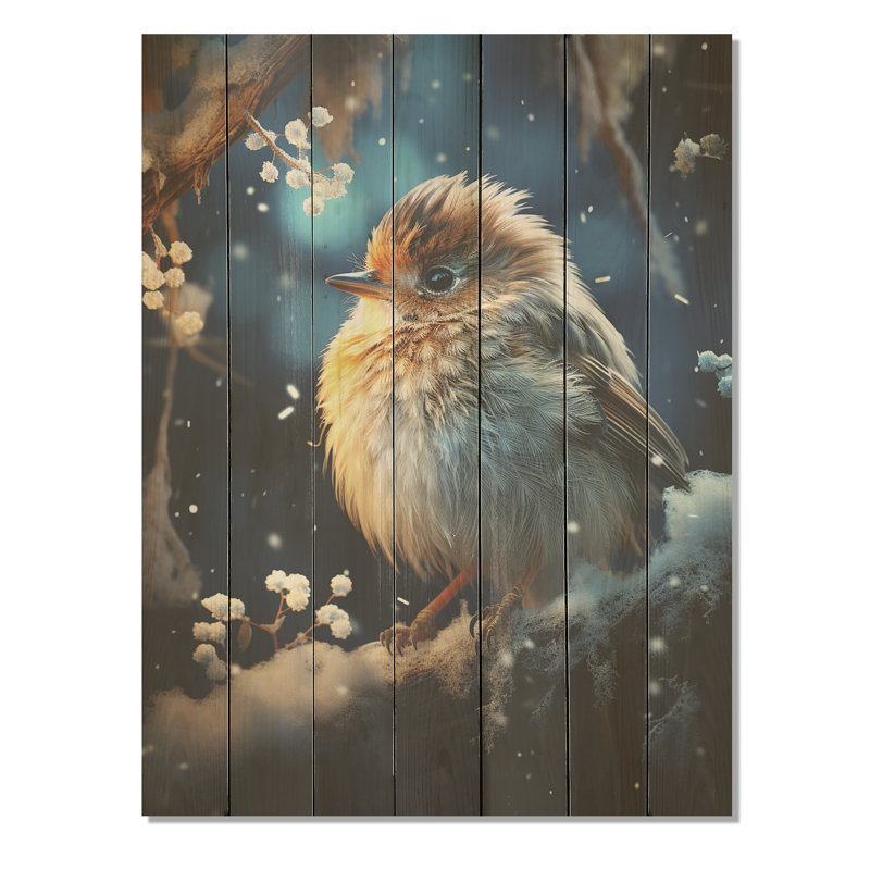 Oiseau bleu en hiver sérénité II - oiseau sur bois, H 40 po x l 30 po