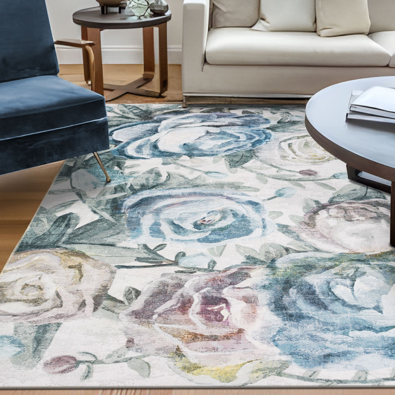 Blue Floral Synthetic Machine-Woven Washable Area Rug