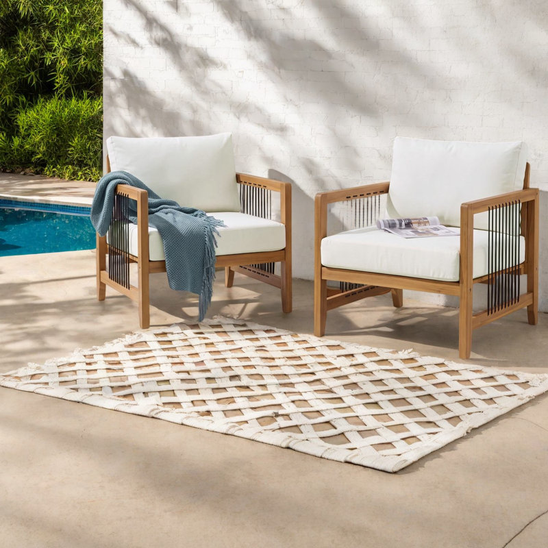 Ensemble de 2 chaises longues Modern Patio, corde en bois d'acacia, coussins beiges