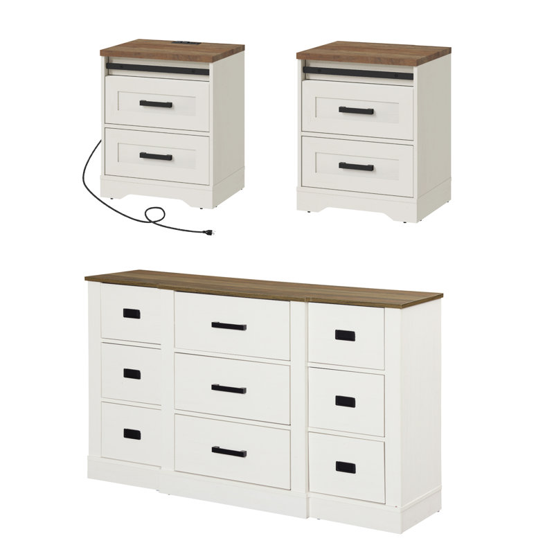 Ensemble de commode et de table de chevet 9 tiroirs 3 pièces Laziza, Blanc crème