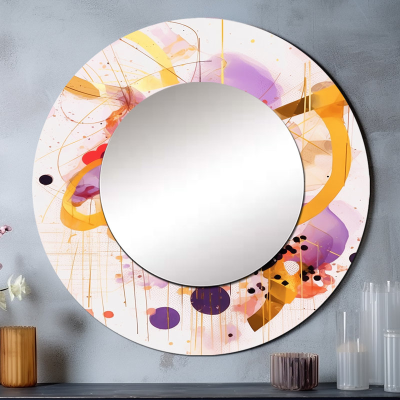 Or et reflets éthérés mauves - miroir mural de formes abstraites, miroir décoratif rond doré, impression d'art en métal