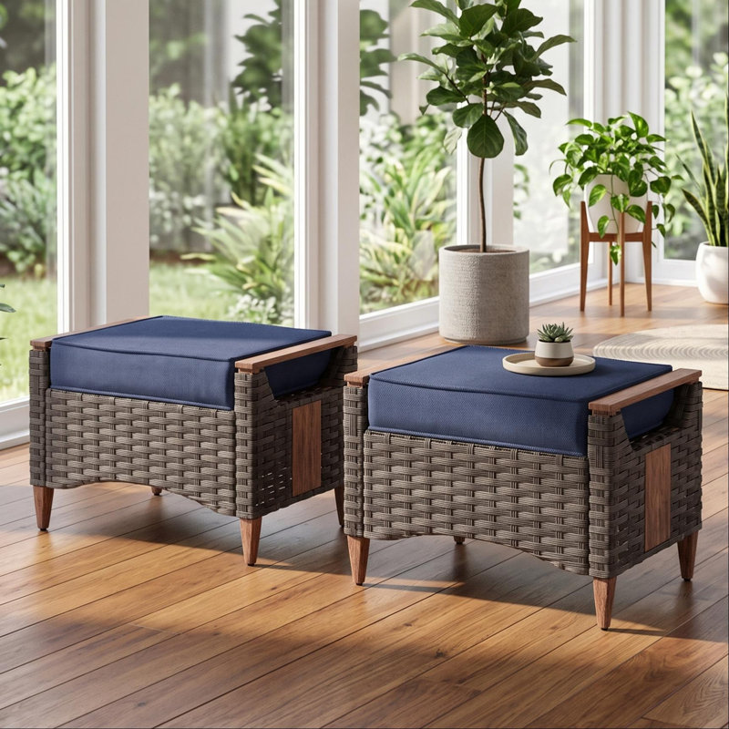 Melvarn Outdoor Patio Wicker Ottoman Set Of 2 With Cushion And Wood-look Finish, Blue