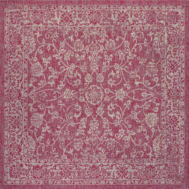 Delcine Bohemian Textured Weave Floral Fuchsia/Light Gray Indoor/Outdoor Rug, Square 5'3"