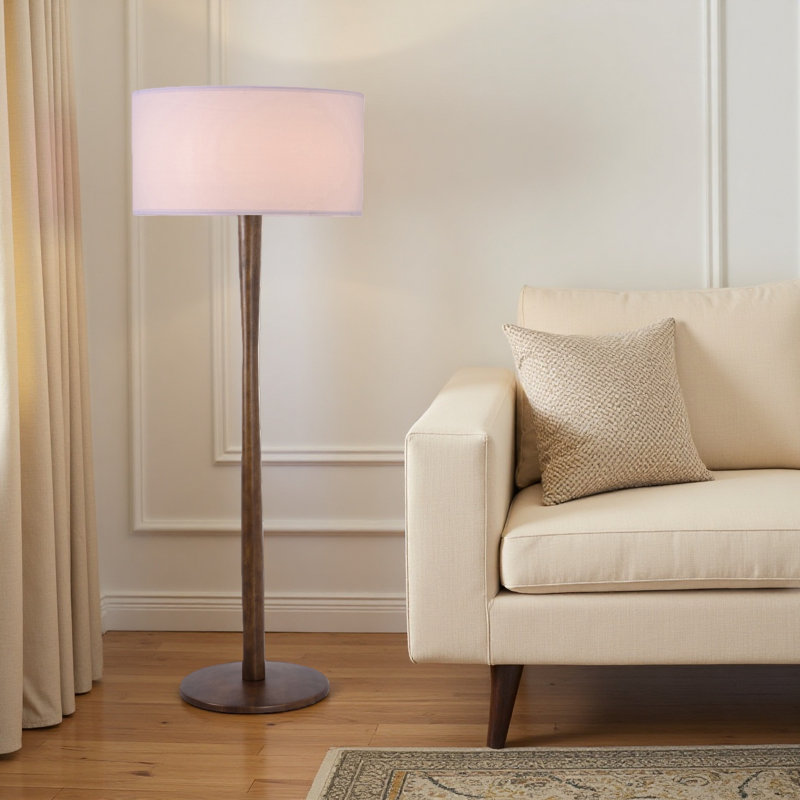 61" Walnut Floor Lamp with 19.7" Large Fabric Drum Shade, Solid Wood Standing Lamp for Living Room, Bedroom, Office & Corner, UL Listed, Bulb Not Included