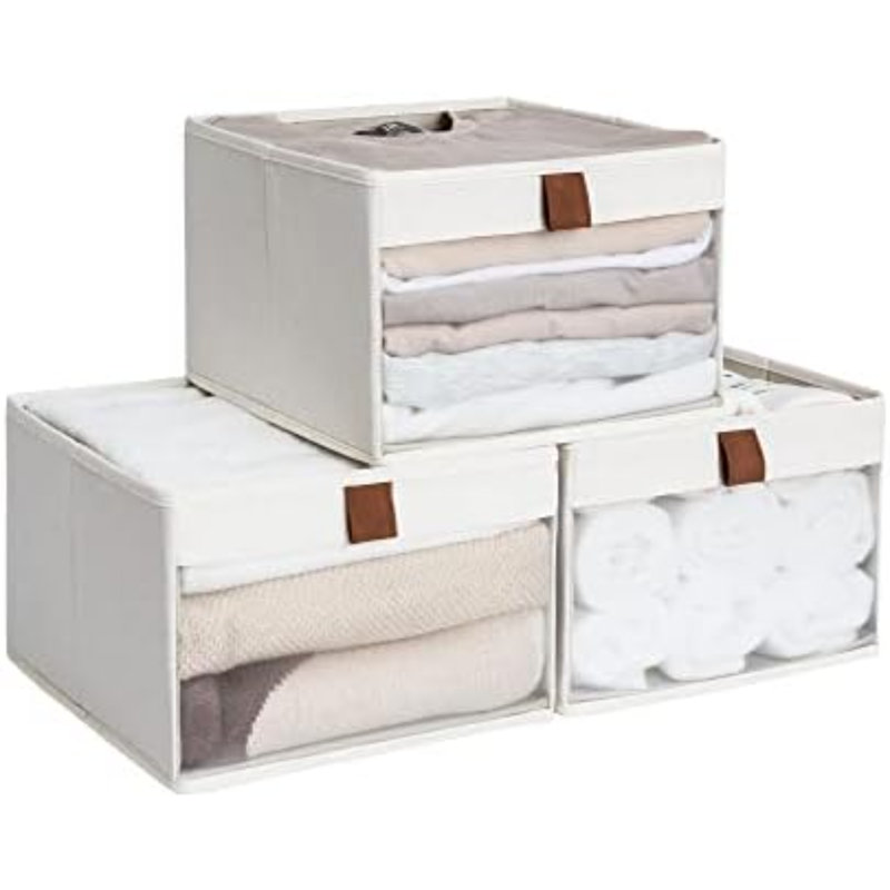 Paniers de rangement pour placard, paniers de rangement avec fenêtre transparente et poignées, organisateur de tissu pliable pour vêtements, tablettes, beige, paquet de 3