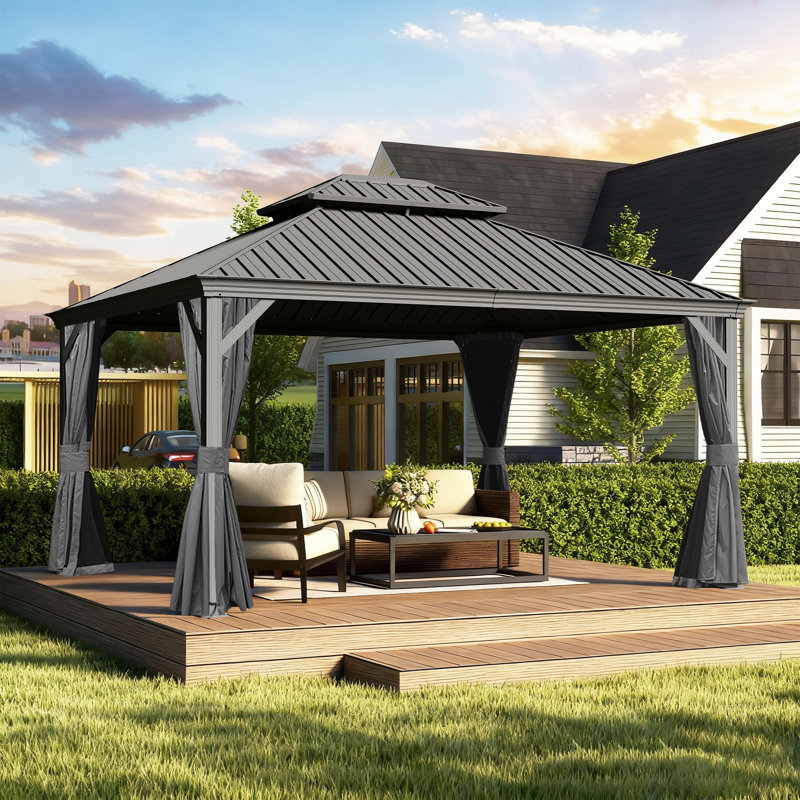 Outdoor Galvanized Steel Patio Gazebo with Double Roof, Gray