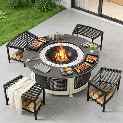 4Pcs Black Powder-Coated  Arc-Shaped Steel Fire Pit Bench,4-Pack