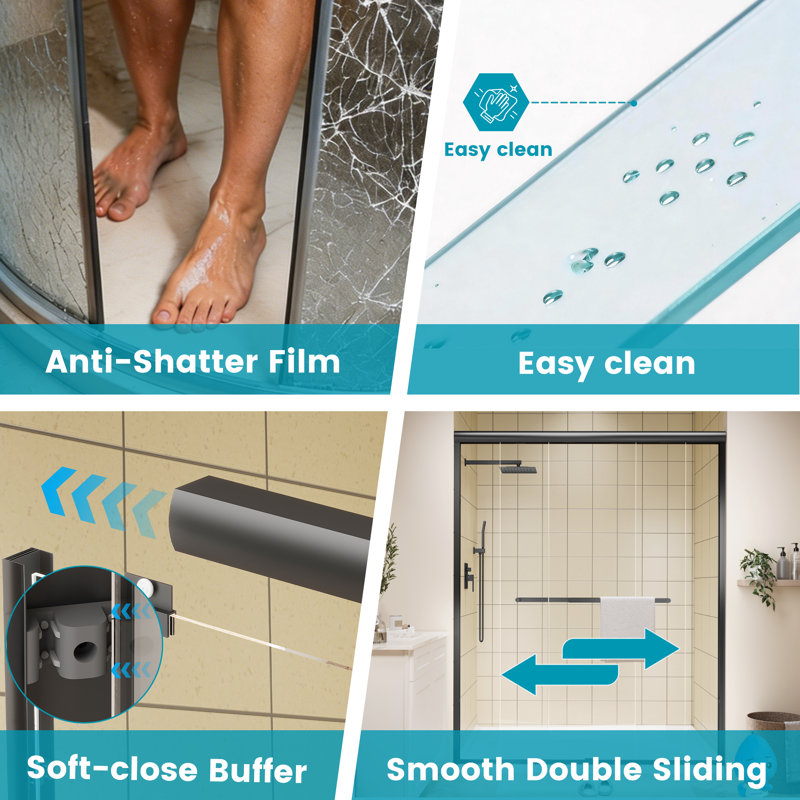 50"-54" W x 72" H Double Sliding Semi-frameless Shower Door with Two Handles, Matte Black
