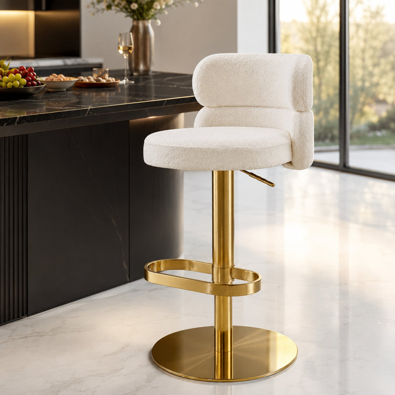 Tabouret de bar pivotant moderne avec dossier rembourré blanc, White Seat/Gold Frame