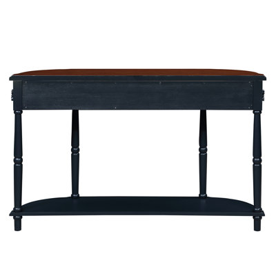 Console rétro en bois courbé, table d'appoint ronde demi-lune de 132 cm avec tablette ouverte et 2 tiroirs, table d'entrée en bois pour salon ou couloir, plateau bleu marine et brun
