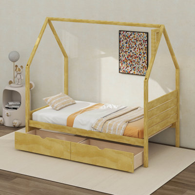 Cadre de lit cabane pour chambre d'enfant, lit plateforme en bois d'inspiration Montessori avec 2 tiroirs de rangement et tête de lit, lit avec toit en forme de maison