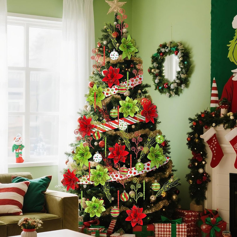 Un ensemble de 80 décorations d'arbre de Noël vert lime rouge comprend 12 fleurs, 30 branches, 2 rubans roulants, 12 glaçons suspendus et 24 boules scintillantes vert lime pour le premier décor d'arbre de Noël