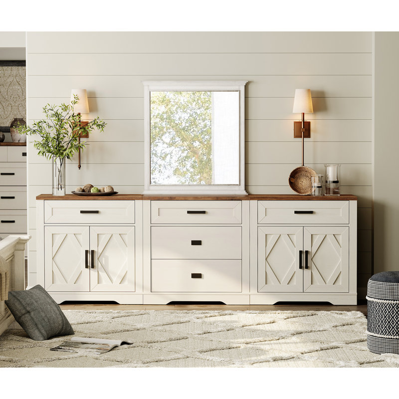94.5"W Extra-Large TV Stand,3-In-1 Farmhouse Entertainment Center With 3 Drawers And Storage Barn Door Cabinet,Spacious TV Console Table With Media Cabinetsfor Living Room,Bedroom,Cream White