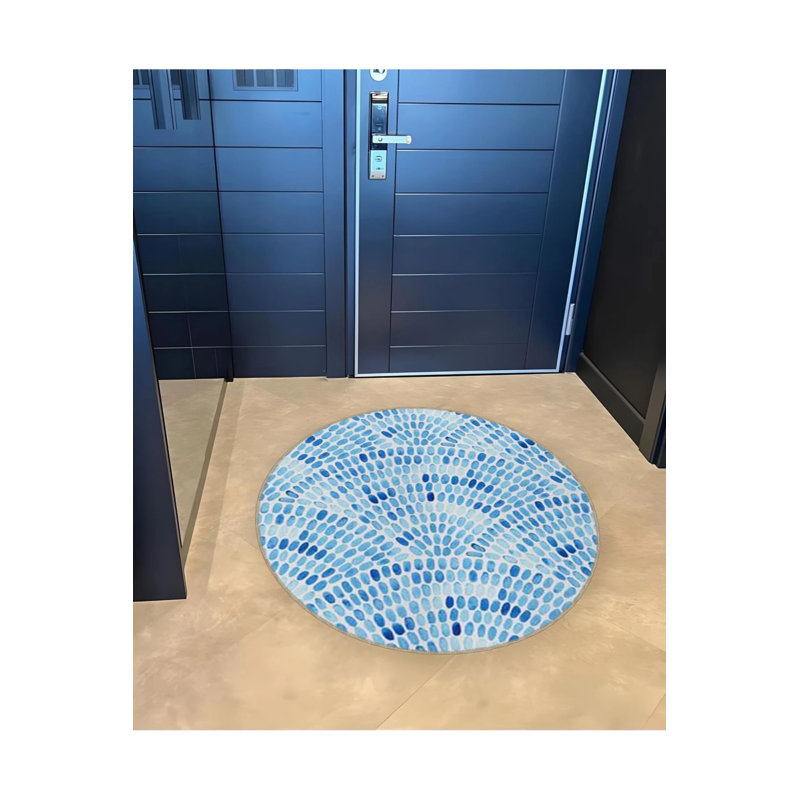 Blue Tone Dots Woven Base Modern Decorative Carpet, Round 2'8"