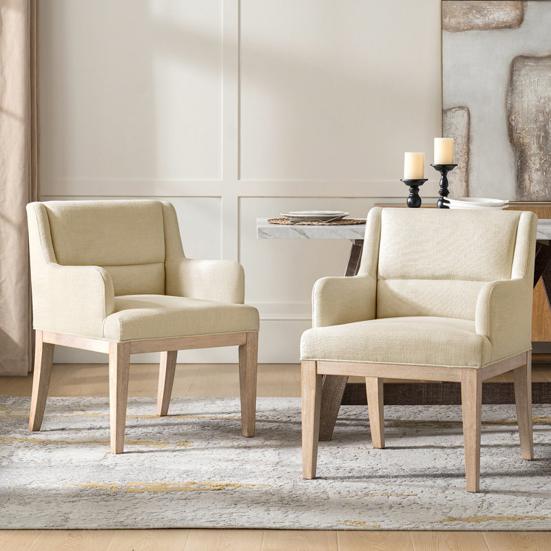 Benton Morrigan 32.5" Tall Solid Wood Legs Upholstered Dining Chair with Gently Curved Arms (Set of 2), Ivory