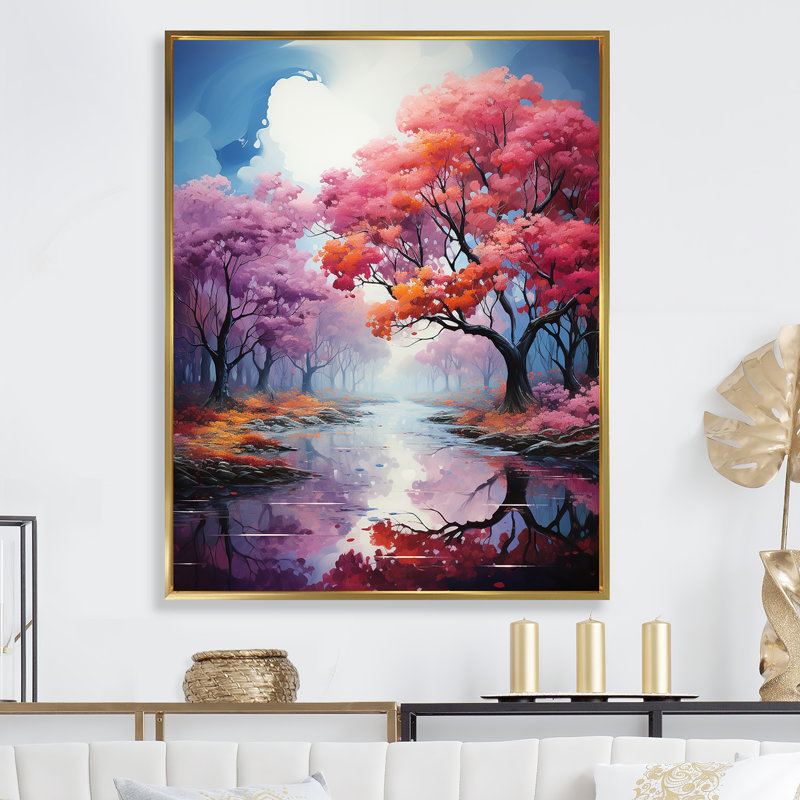 Mystic Forest Sunlight I - Rainbow, impression d'art mural, Cadre flottant doré, H 32 po x l 24 po x P 1 po