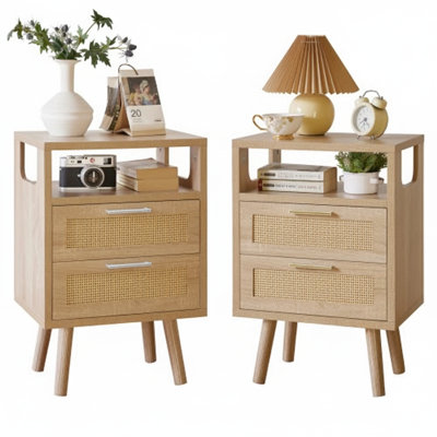 Set of Two Modern Storage Bedside Tables with Dual Drawers and Golden Metal Handles, Natural Wood Finish End Tables for Bedroom Organization and Decor